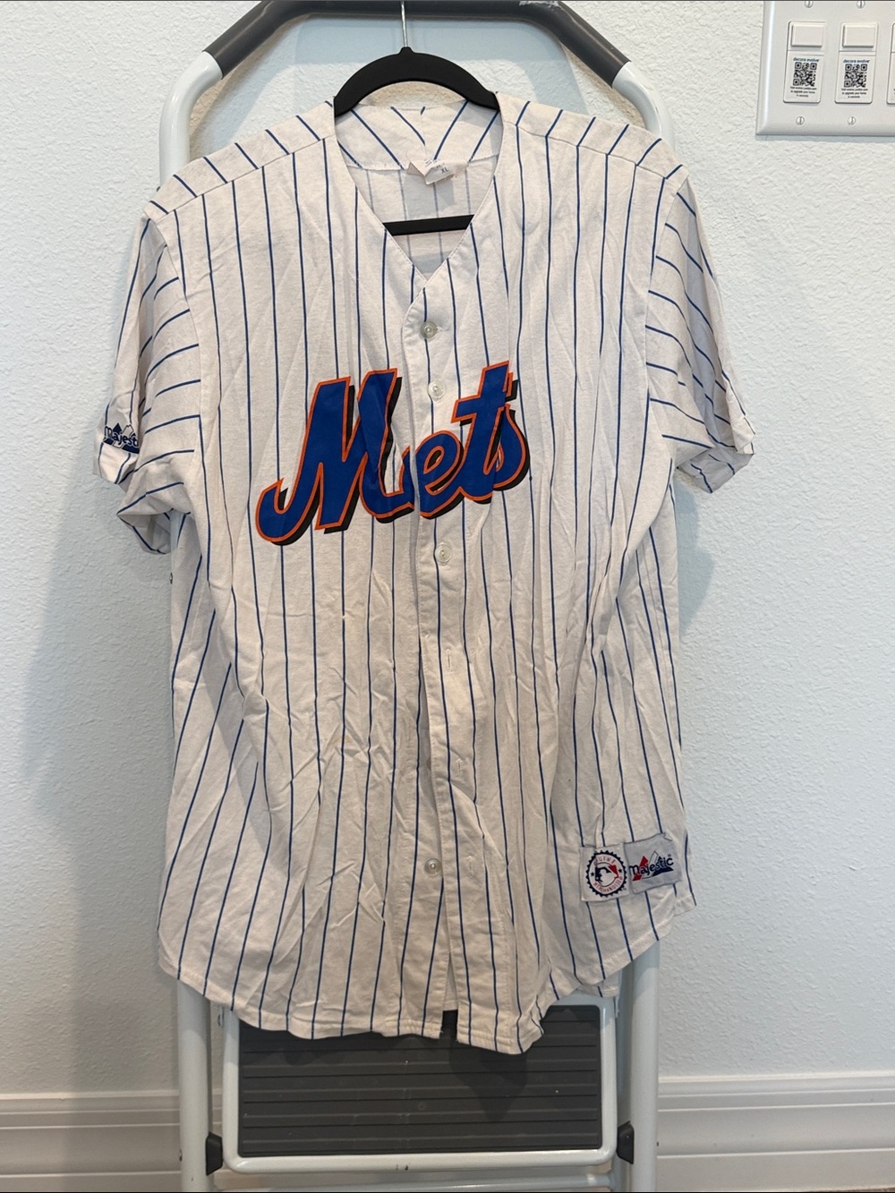 Majestic White Pinstripe Mets Baseball Jersey with Blue and Orange Logo